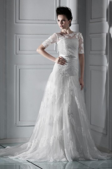 Modisches bodenlanges weißes Brautkleider mit Ärmel aus Spitze