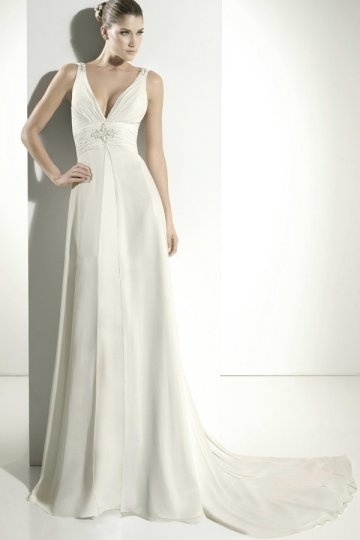 Elegantes tief V-Ausschnitt Bodenlanges weißes Brautkleider Online