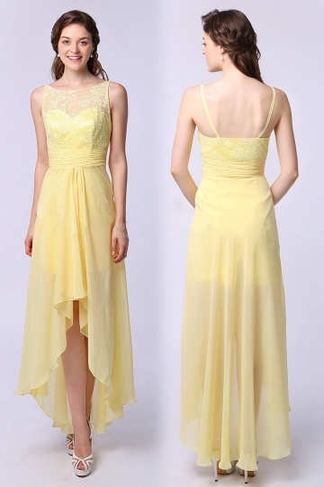 A-Linie-High-Low-Gelb-Chiffon-Spitze-Kleid