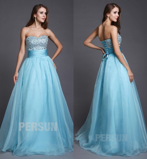 blau Herz-Ausschnitt Perle Rücken mit Schnürung Princess Abendkleid aus Organza 